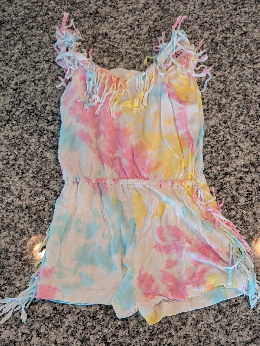 Flowers by Zoe Pastel Tie-Dye Fringe Romper in Pink, Yellow & Blue